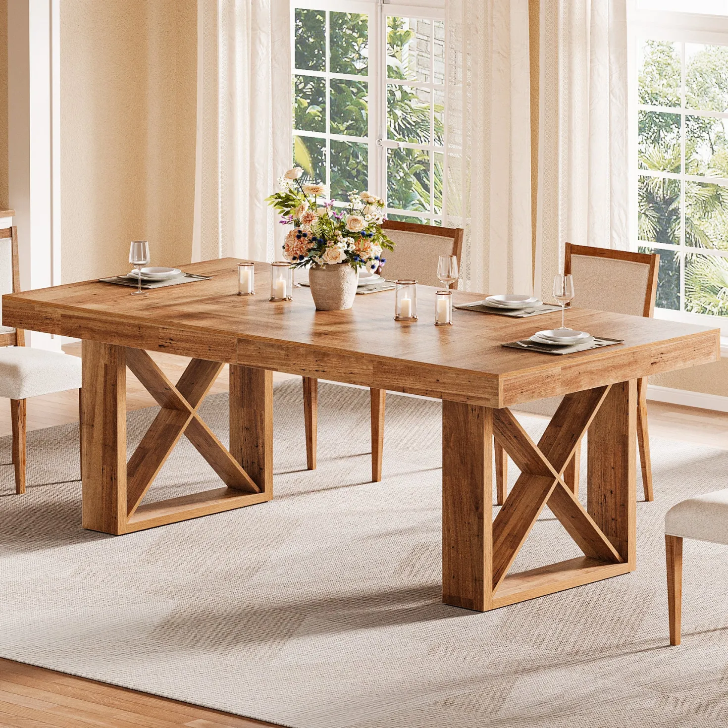 Rectangle Dining Table, 63" Farmhouse Kitchen Table for 4-6 People