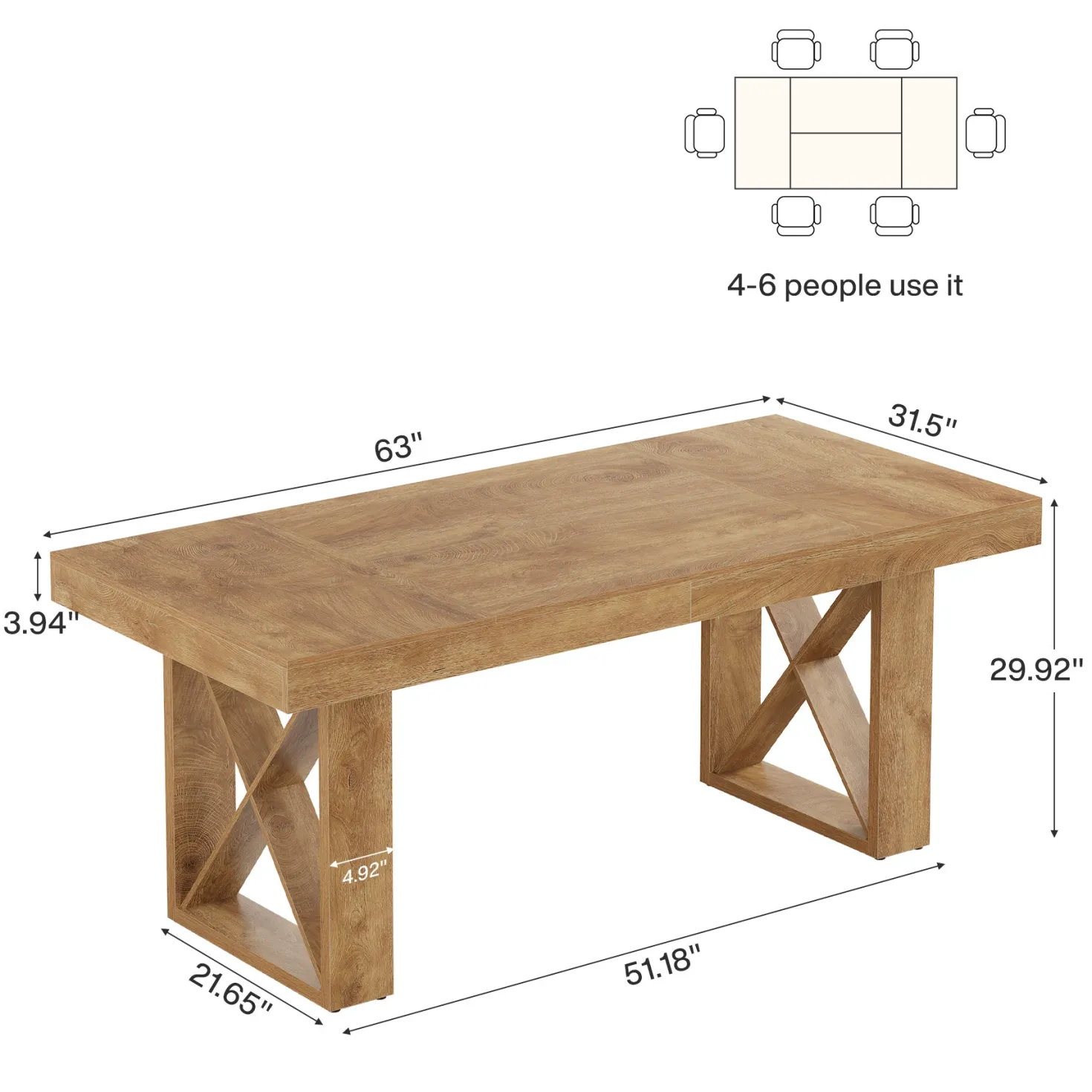 Rectangle Dining Table, 63" Farmhouse Kitchen Table for 4-6 People