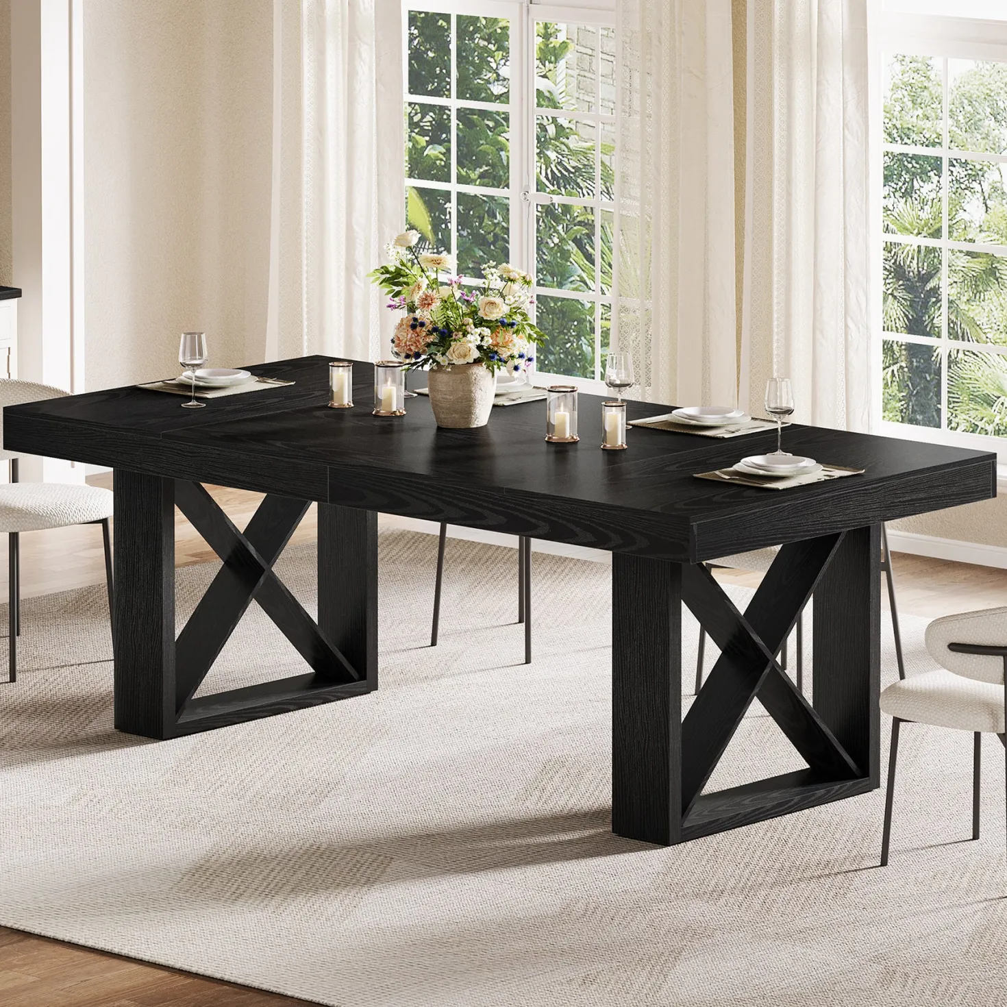 Rectangle Dining Table, 63" Farmhouse Kitchen Table for 4-6 People