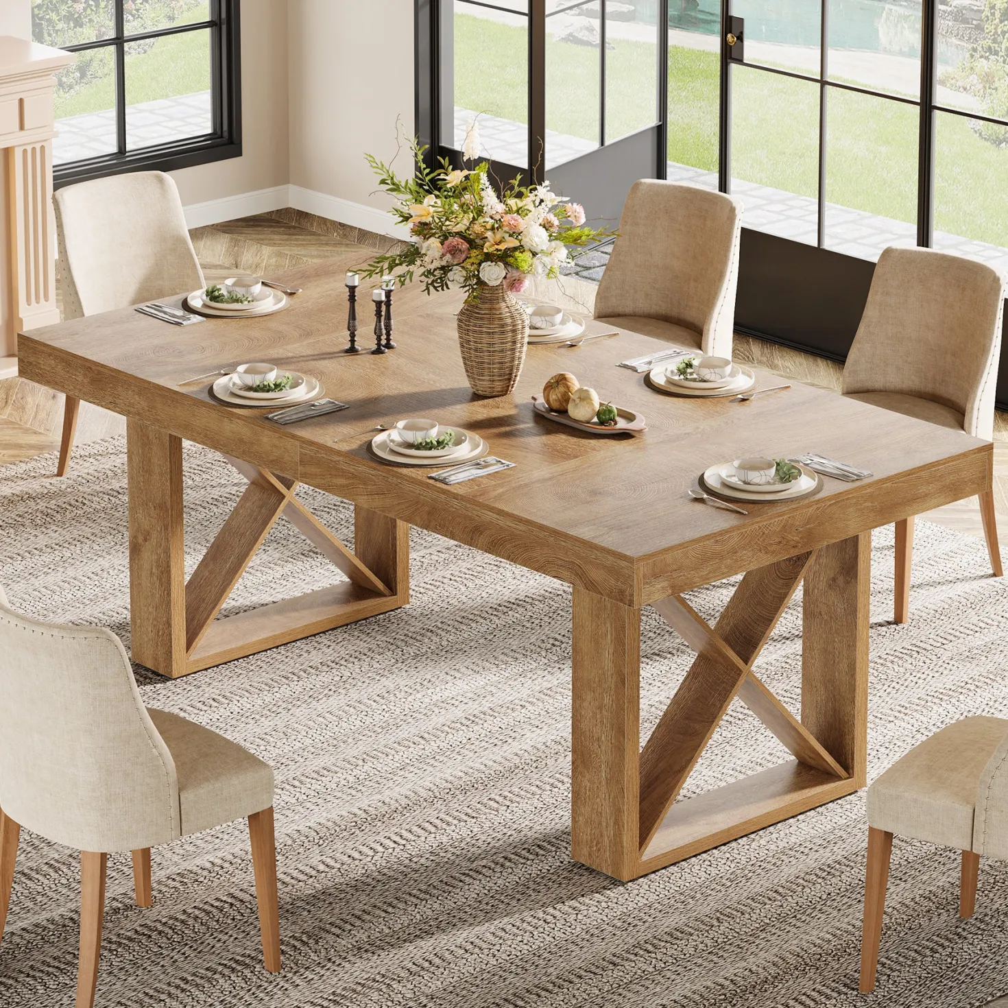 Rectangle Dining Table, 63" Farmhouse Kitchen Table for 4-6 People