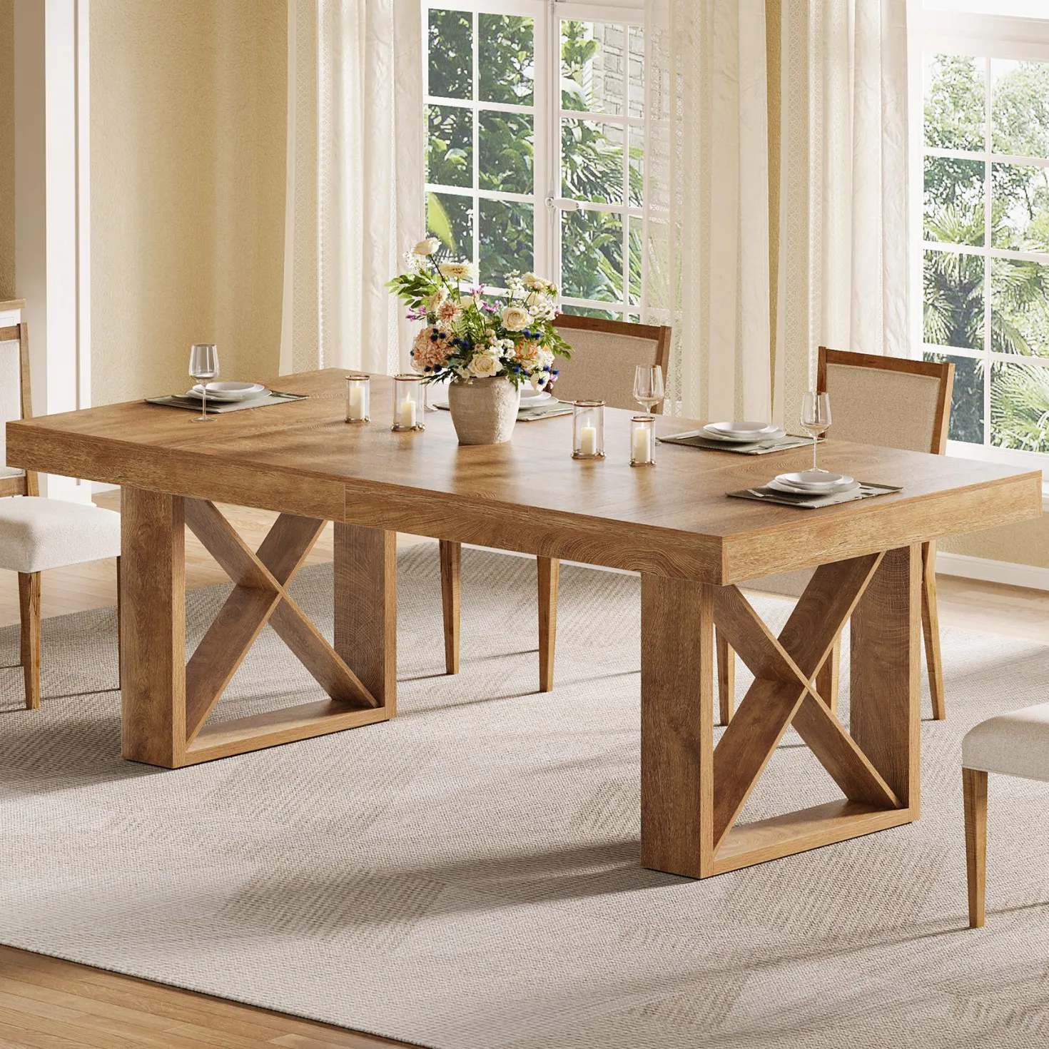Rectangle Dining Table, 63" Farmhouse Kitchen Table for 4-6 People