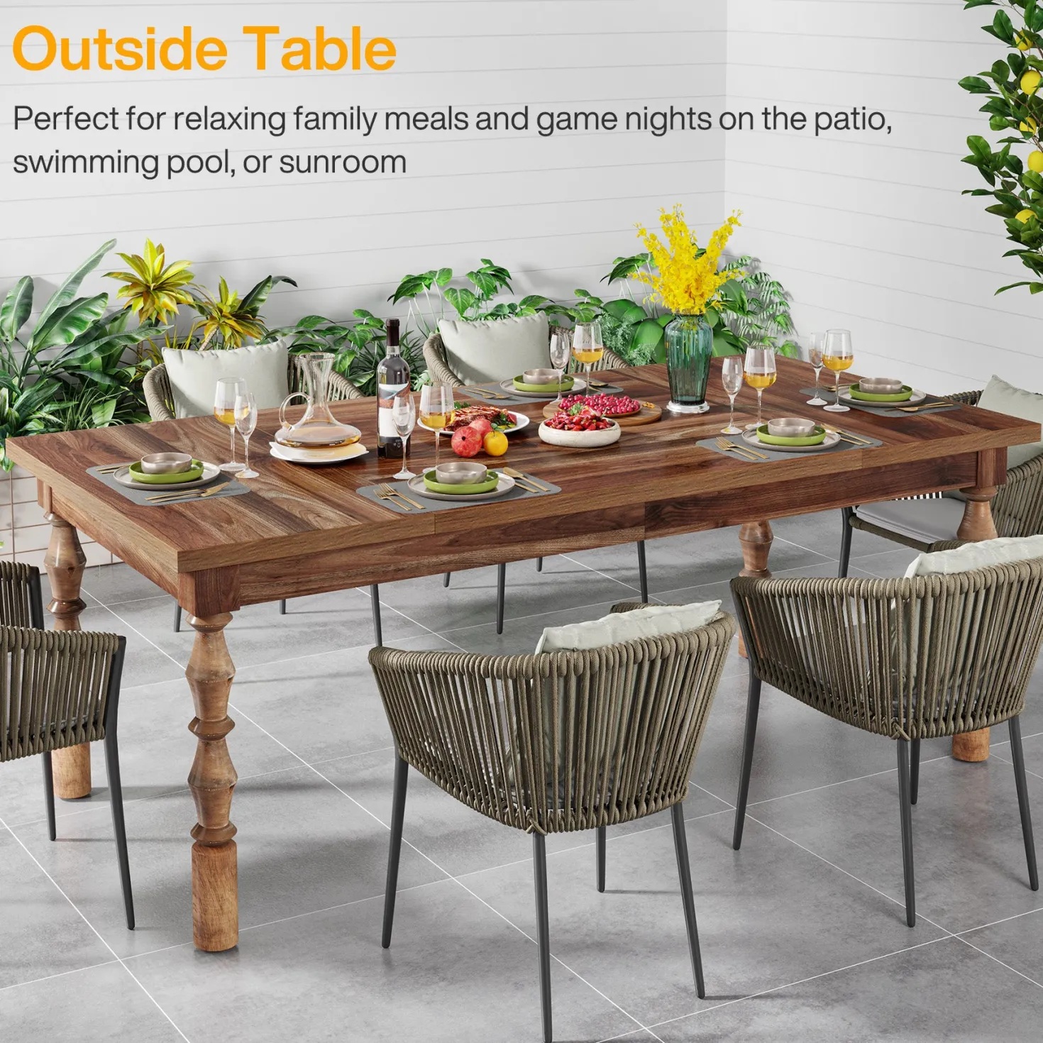 Rectangle Dining Table, 62” Kitchen Table with Carved Turned Legs for 4-6 People