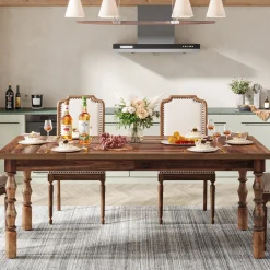 Rectangle Dining Table, 62” Kitchen Table with Carved Turned Legs for 4-6 People
