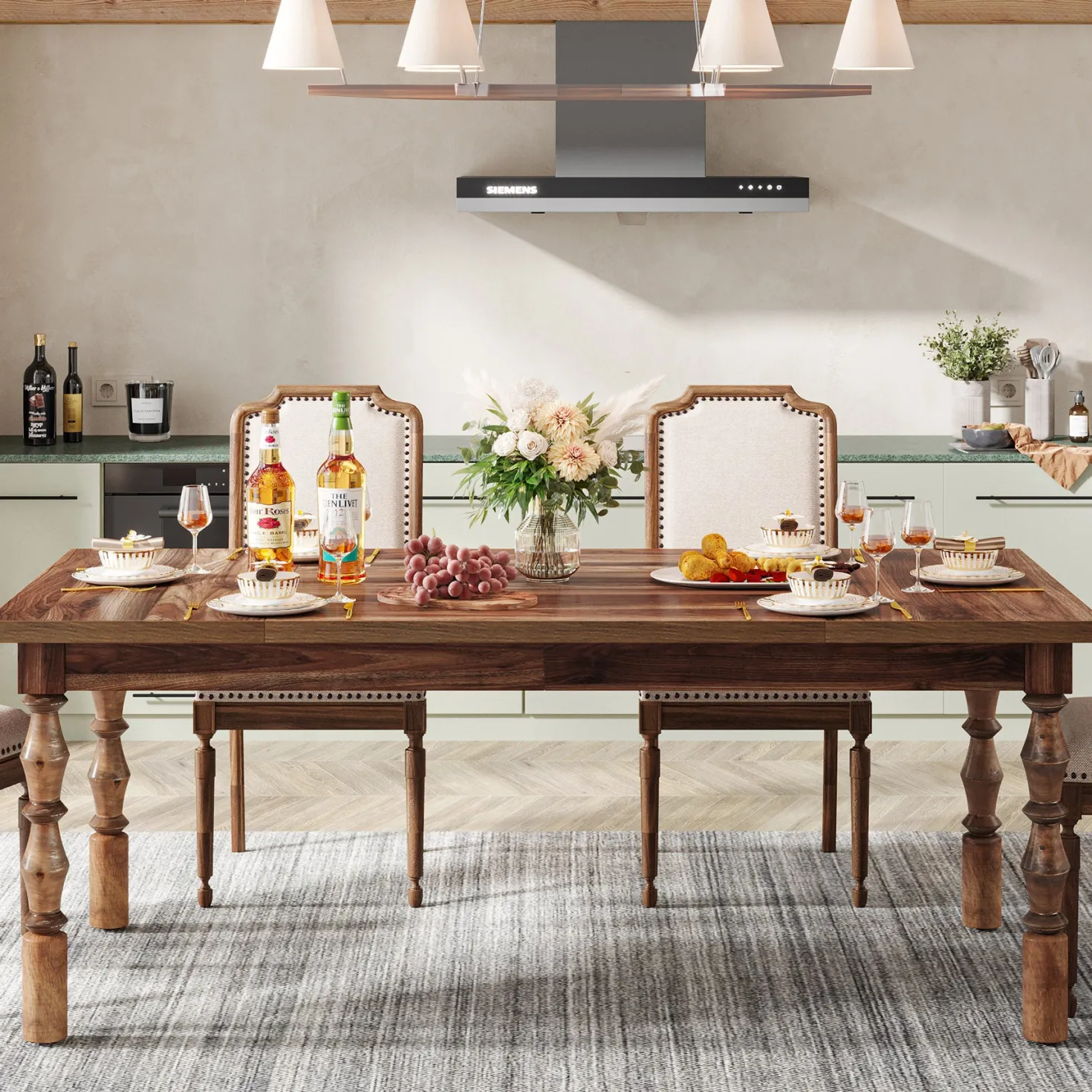 Rectangle Dining Table, 62” Kitchen Table with Carved Turned Legs for 4-6 People