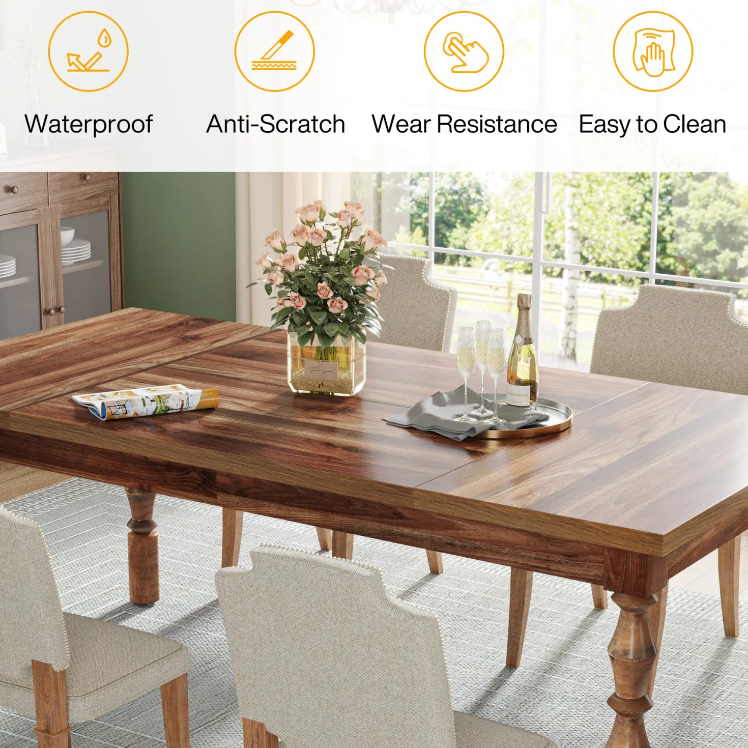 Rectangle Dining Table, 62” Kitchen Table with Carved Turned Legs for 4-6 People
