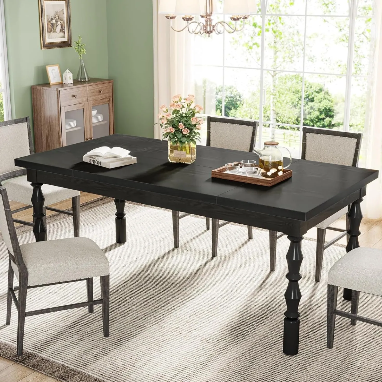 Rectangle Dining Table, 62” Kitchen Table with Carved Turned Legs for 4-6 People