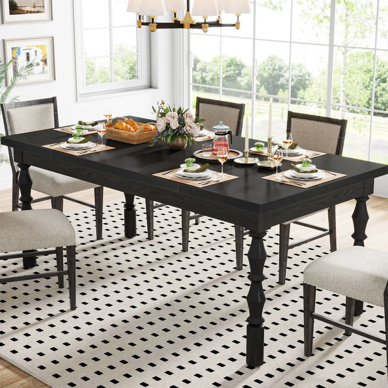 Rectangle Dining Table, 62” Kitchen Table with Carved Turned Legs for 4-6 People