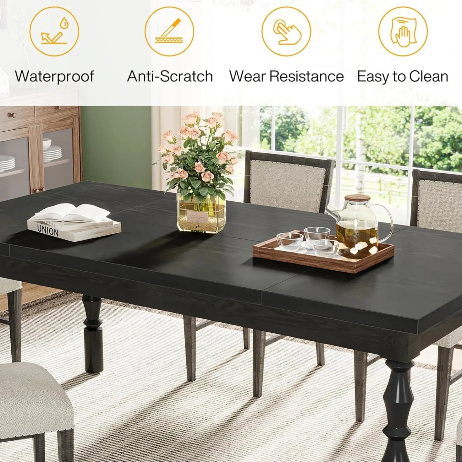 Rectangle Dining Table, 62” Kitchen Table with Carved Turned Legs for 4-6 People