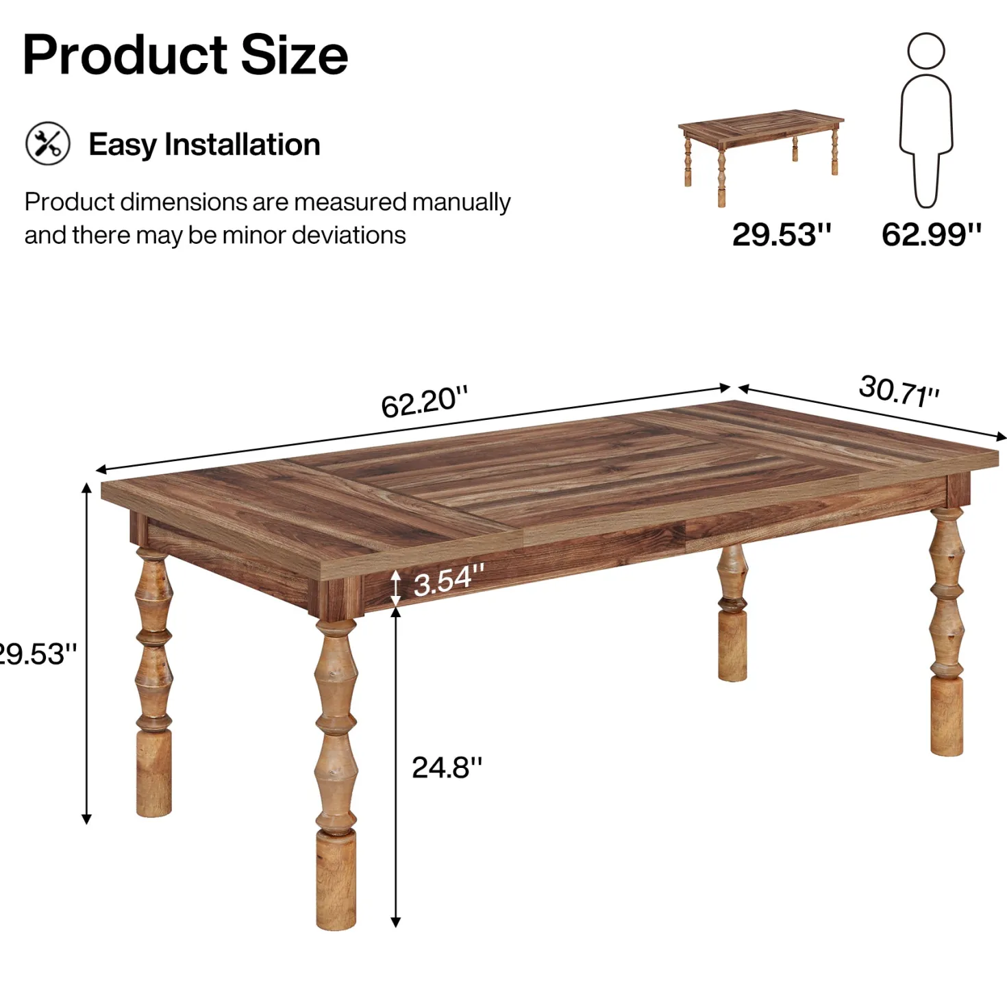 Rectangle Dining Table, 62” Kitchen Table with Carved Turned Legs for 4-6 People