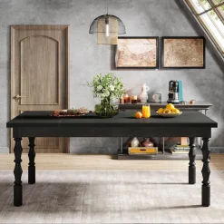 Rectangle Dining Table, 62” Kitchen Table with Carved Turned Legs for 4-6 People