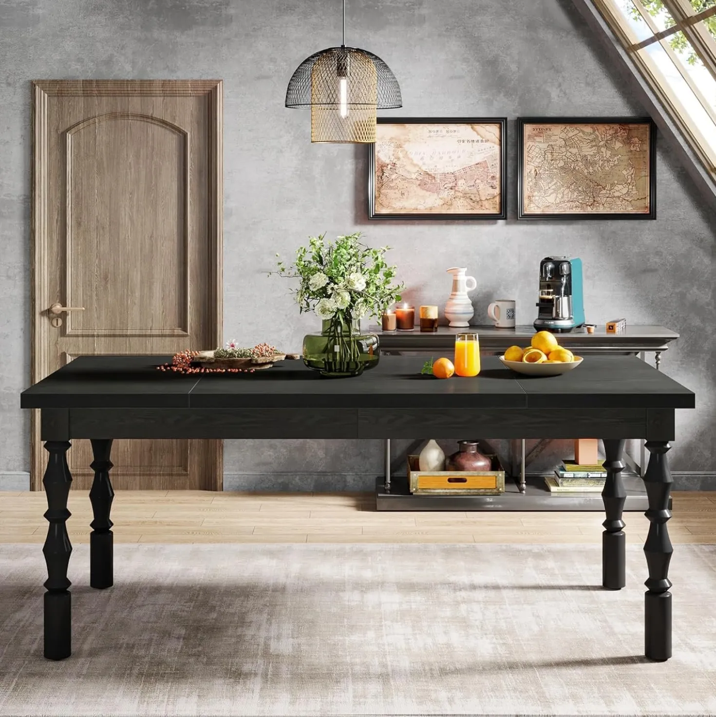 Rectangle Dining Table, 62” Kitchen Table with Carved Turned Legs for 4-6 People