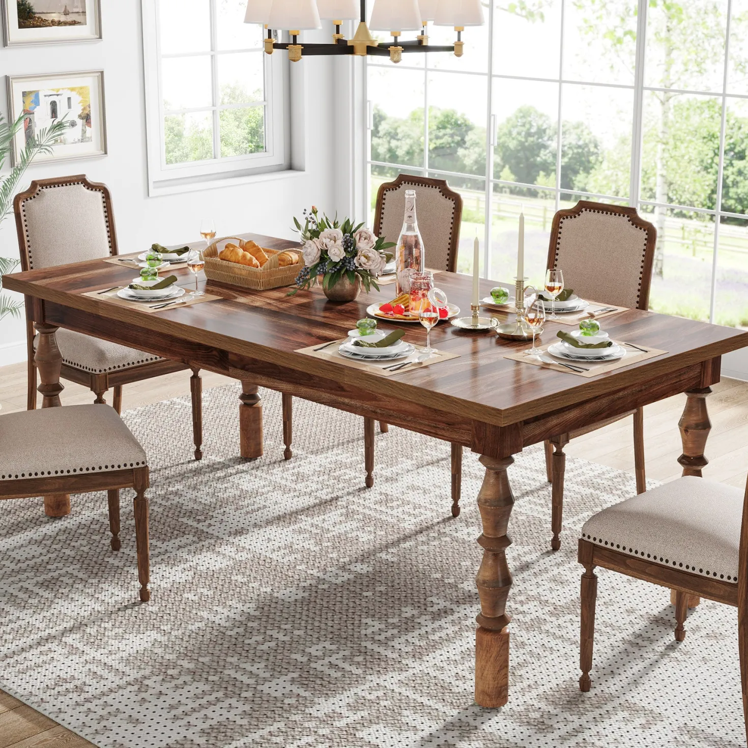 Rectangle Dining Table, 62” Kitchen Table with Carved Turned Legs for 4-6 People