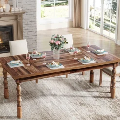 Rectangle Dining Table, 62” Kitchen Table with Carved Turned Legs for 4-6 People