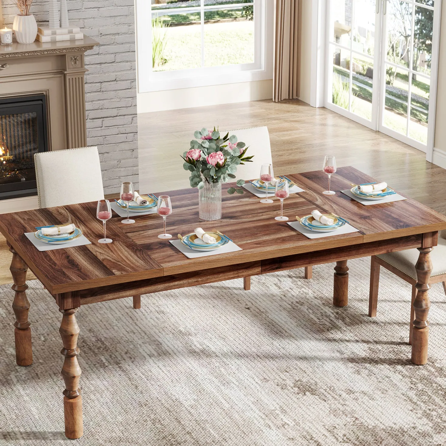 Rectangle Dining Table, 62” Kitchen Table with Carved Turned Legs for 4-6 People
