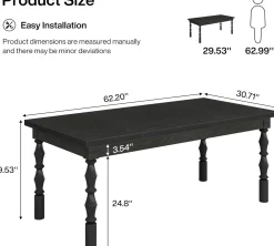 Rectangle Dining Table, 62” Kitchen Table with Carved Turned Legs for 4-6 People