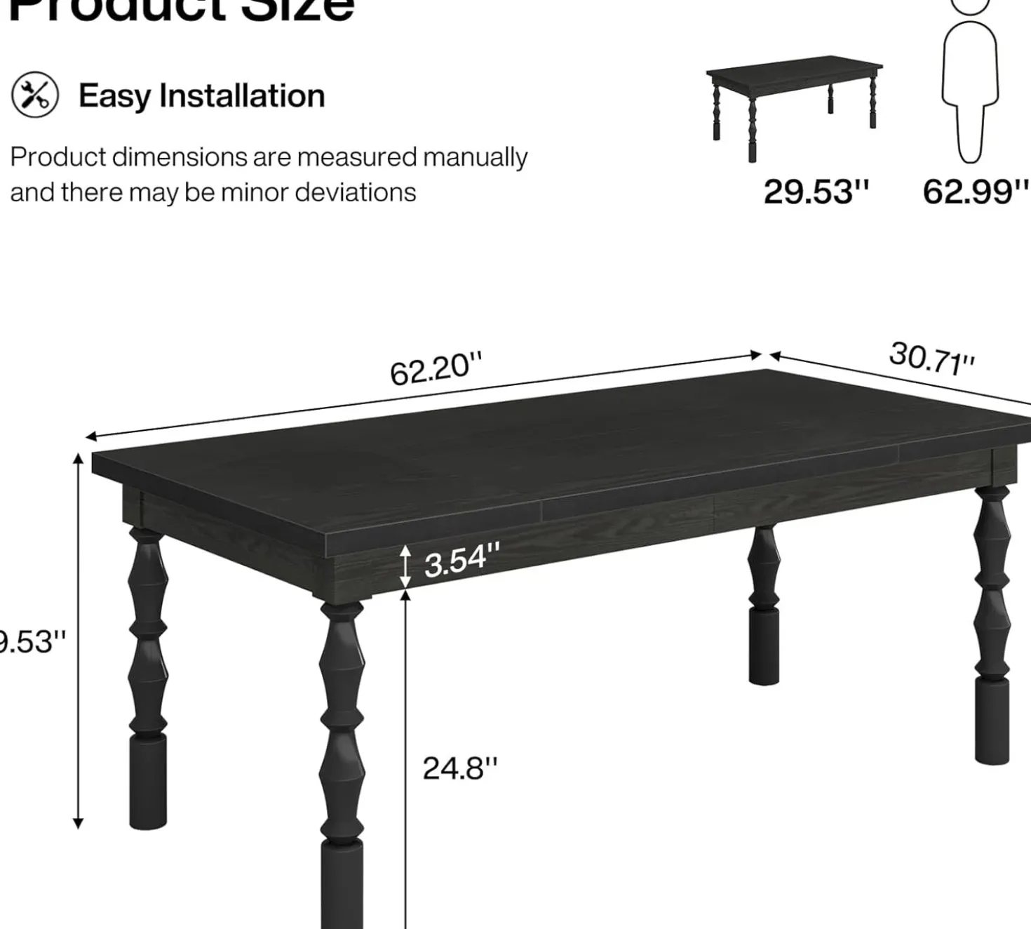 Rectangle Dining Table, 62” Kitchen Table with Carved Turned Legs for 4-6 People