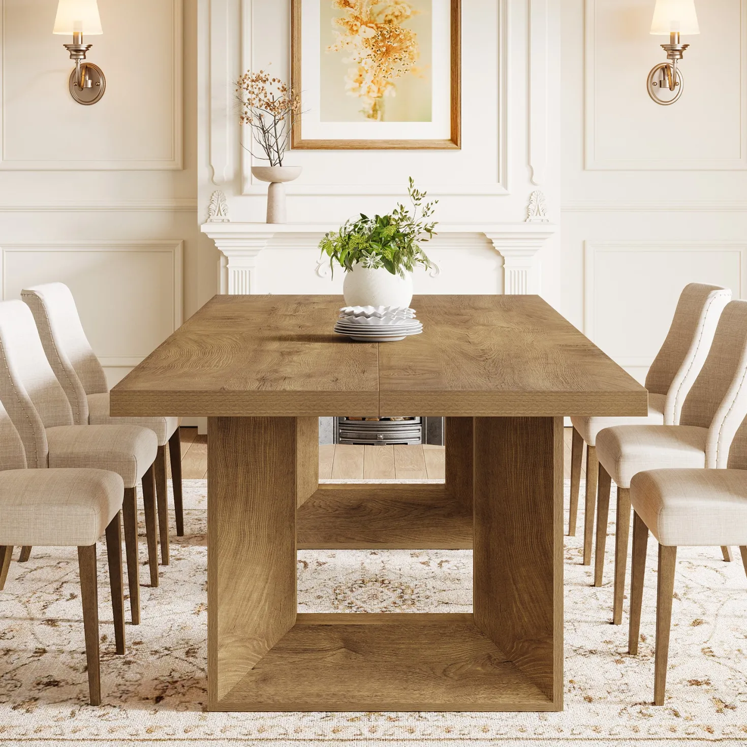 Rectangle Dining Table for 6-8, 63" Kitchen Table with Geometric Frame