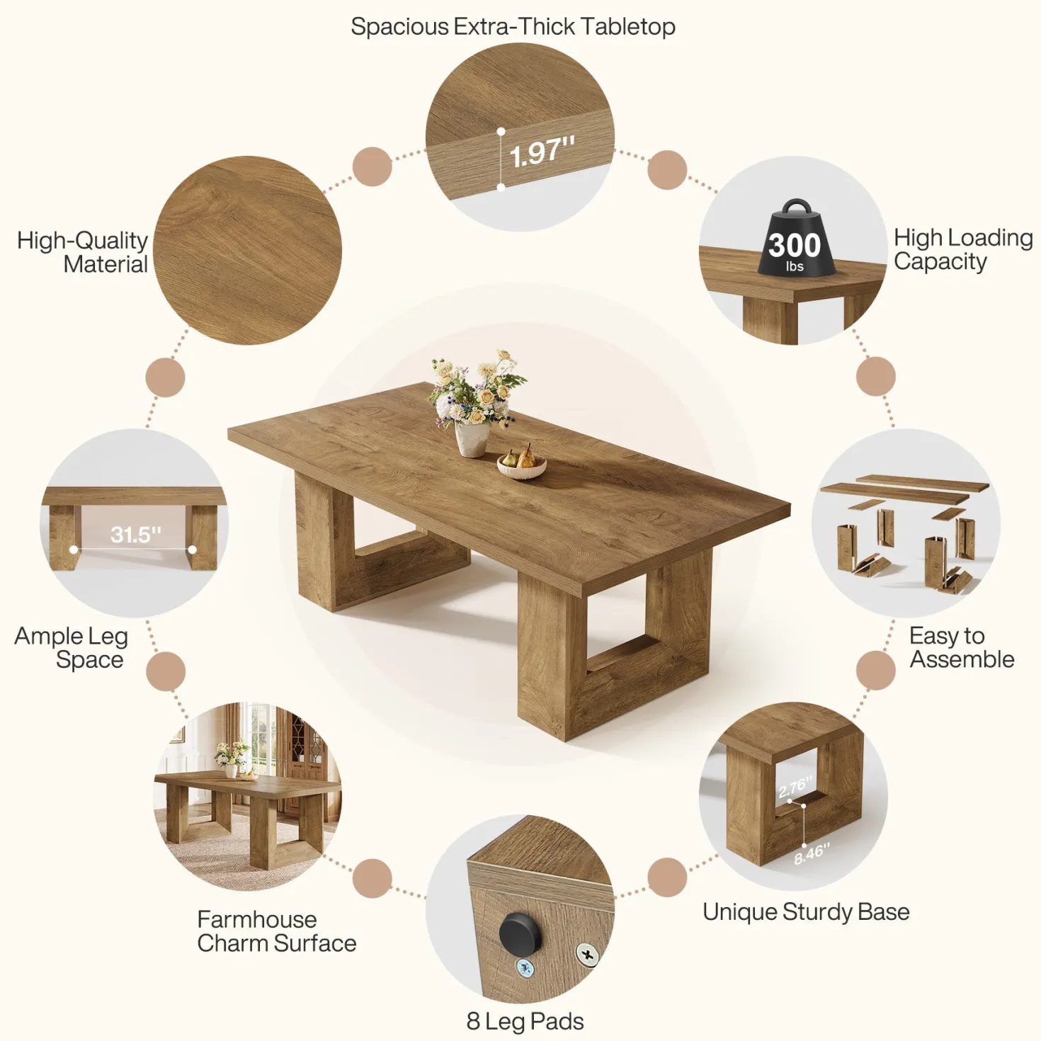 Rectangle Dining Table for 6-8, 63" Kitchen Table with Geometric Frame