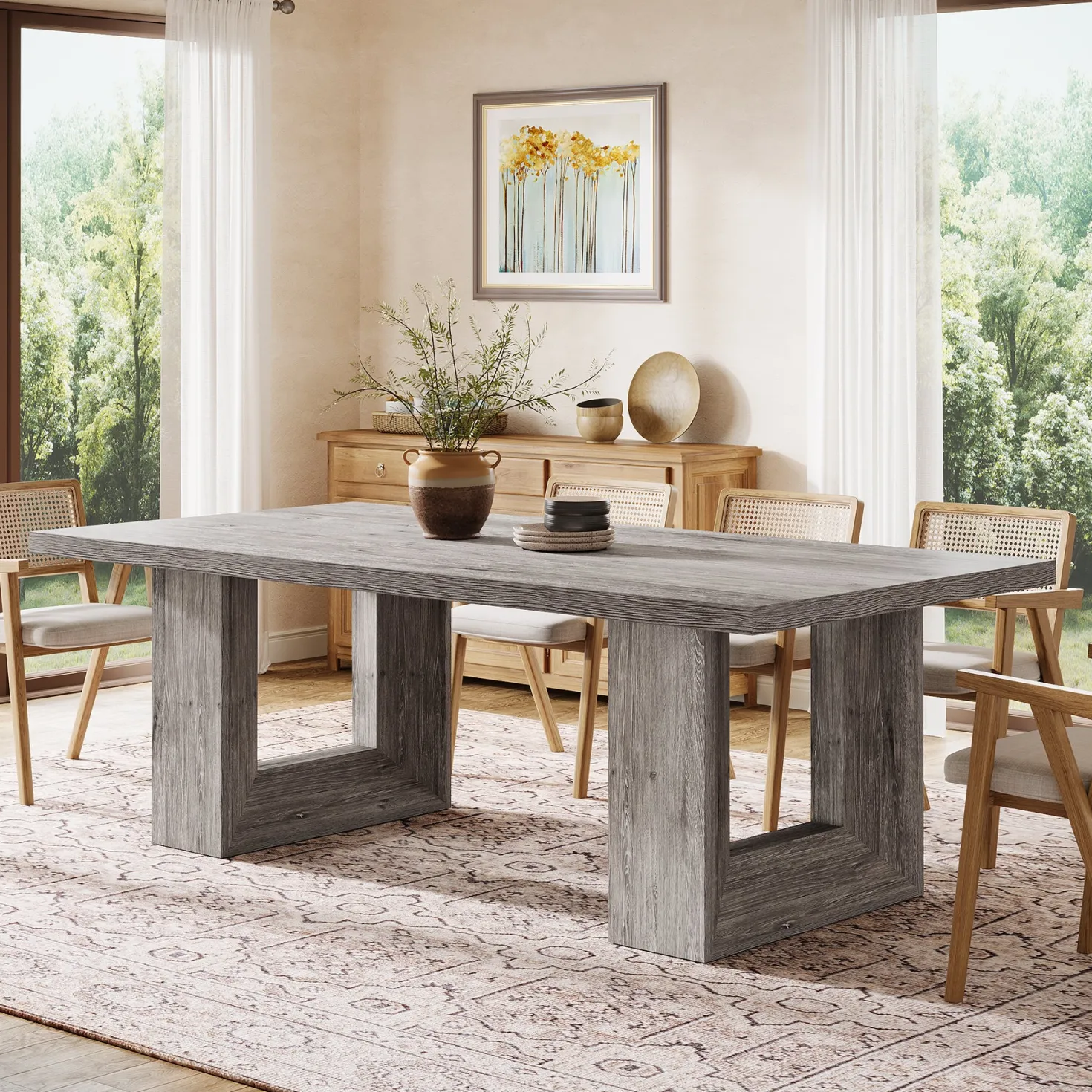 Rectangle Dining Table for 6-8, 63" Kitchen Table with Geometric Frame
