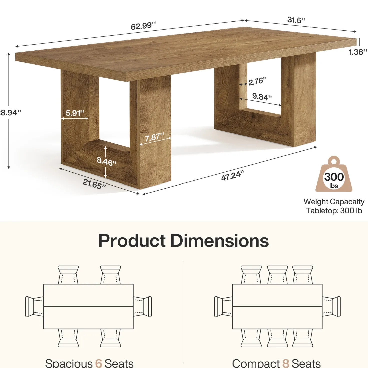 Rectangle Dining Table for 6-8, 63" Kitchen Table with Geometric Frame