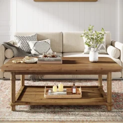 Rectangle Solid Wood Coffee Table, 47" Center Table with 2-Tier Storage