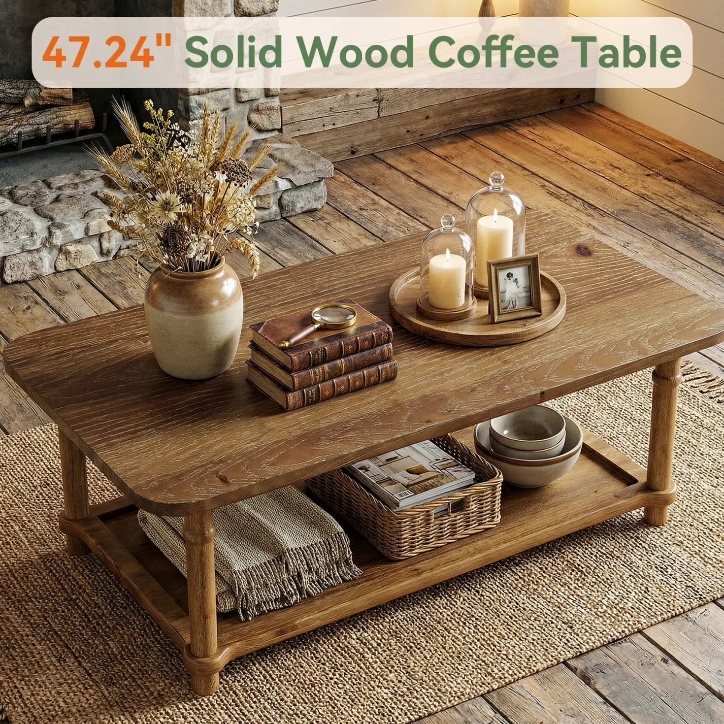 Rectangle Solid Wood Coffee Table, 47" Center Table with 2-Tier Storage