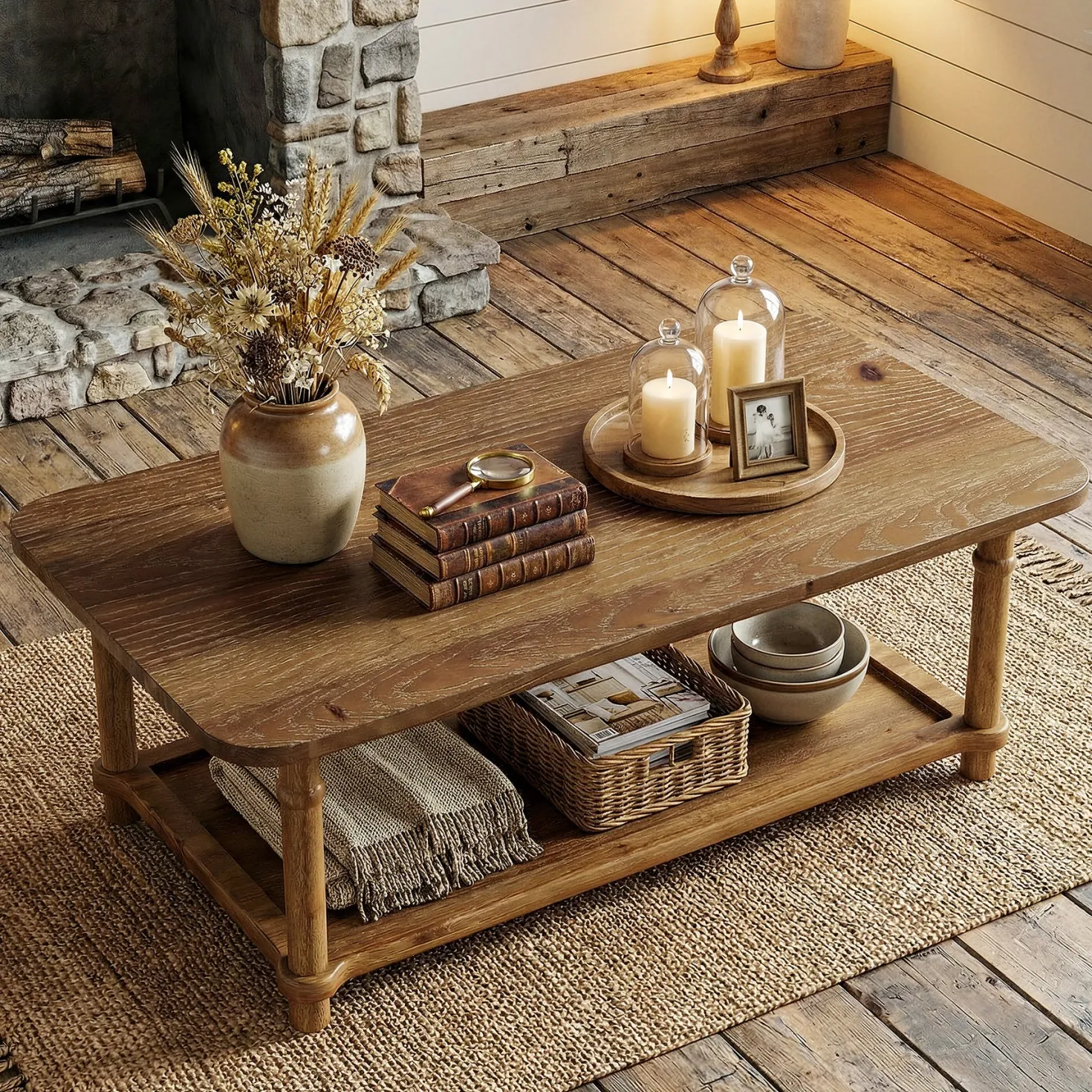 Rectangle Solid Wood Coffee Table, 47" Center Table with 2-Tier Storage