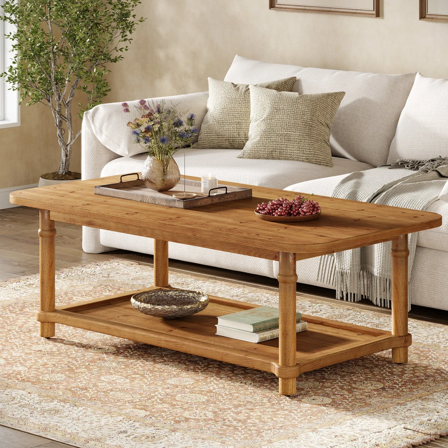 Rectangle Solid Wood Coffee Table, 47" Center Table with 2-Tier Storage