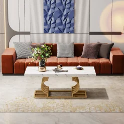 Rectangular Coffee Table, 47" Faux Marble Cocktail Table with Geometric Frame
