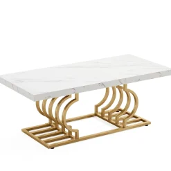 Rectangular Coffee Table, 47" Faux Marble Cocktail Table with Geometric Frame