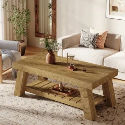Rectangular Coffee Table, 47.24" Farmhouse Center Table with 2-Tier Storage