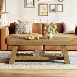 Rectangular Coffee Table, 47.24" Farmhouse Center Table with 2-Tier Storage