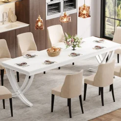 Rectangular Dining Table for 6-8, 78" Farmhouse Dinner Table with Metal Legs