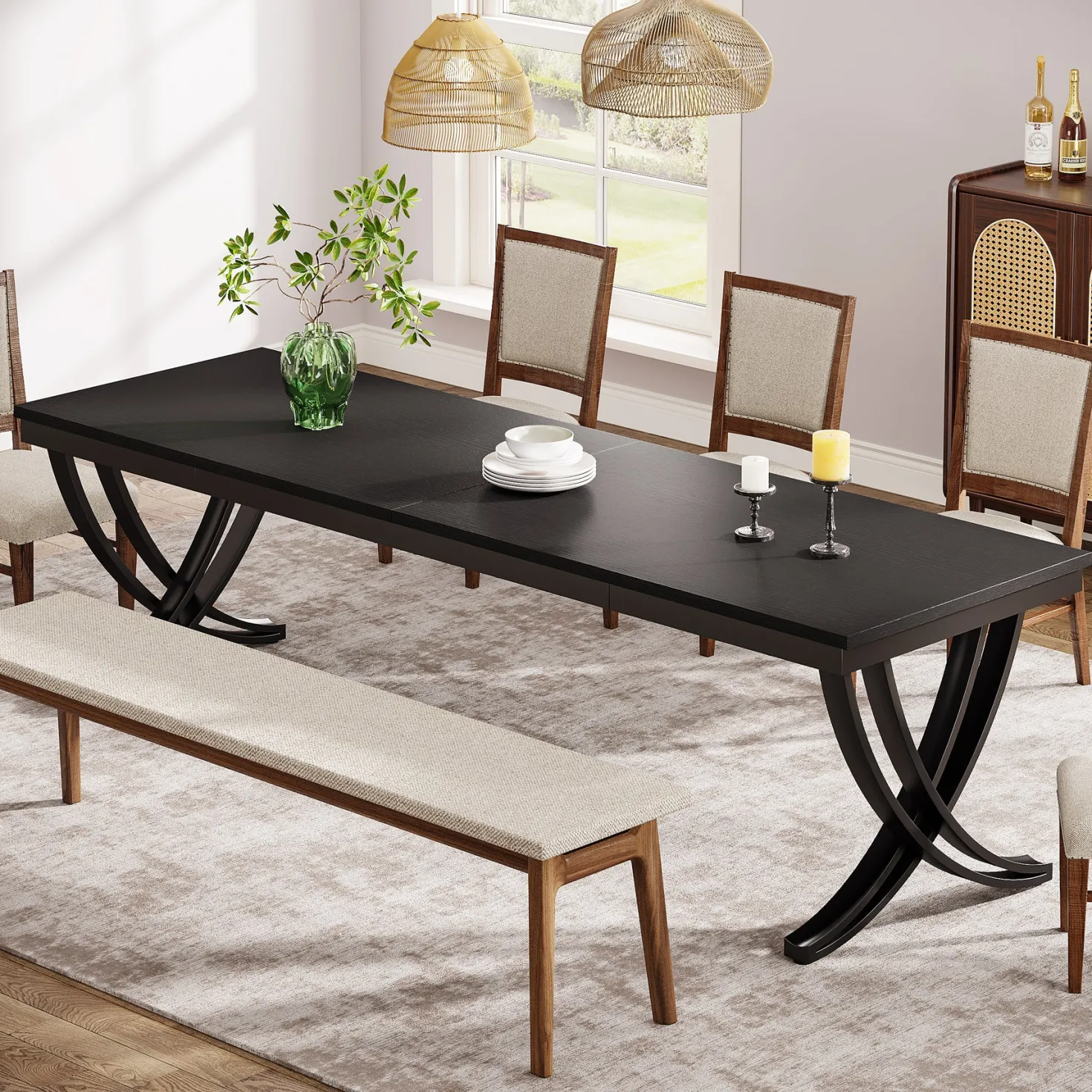 Rectangular Dining Table for 6-8, 78" Farmhouse Dinner Table with Metal Legs