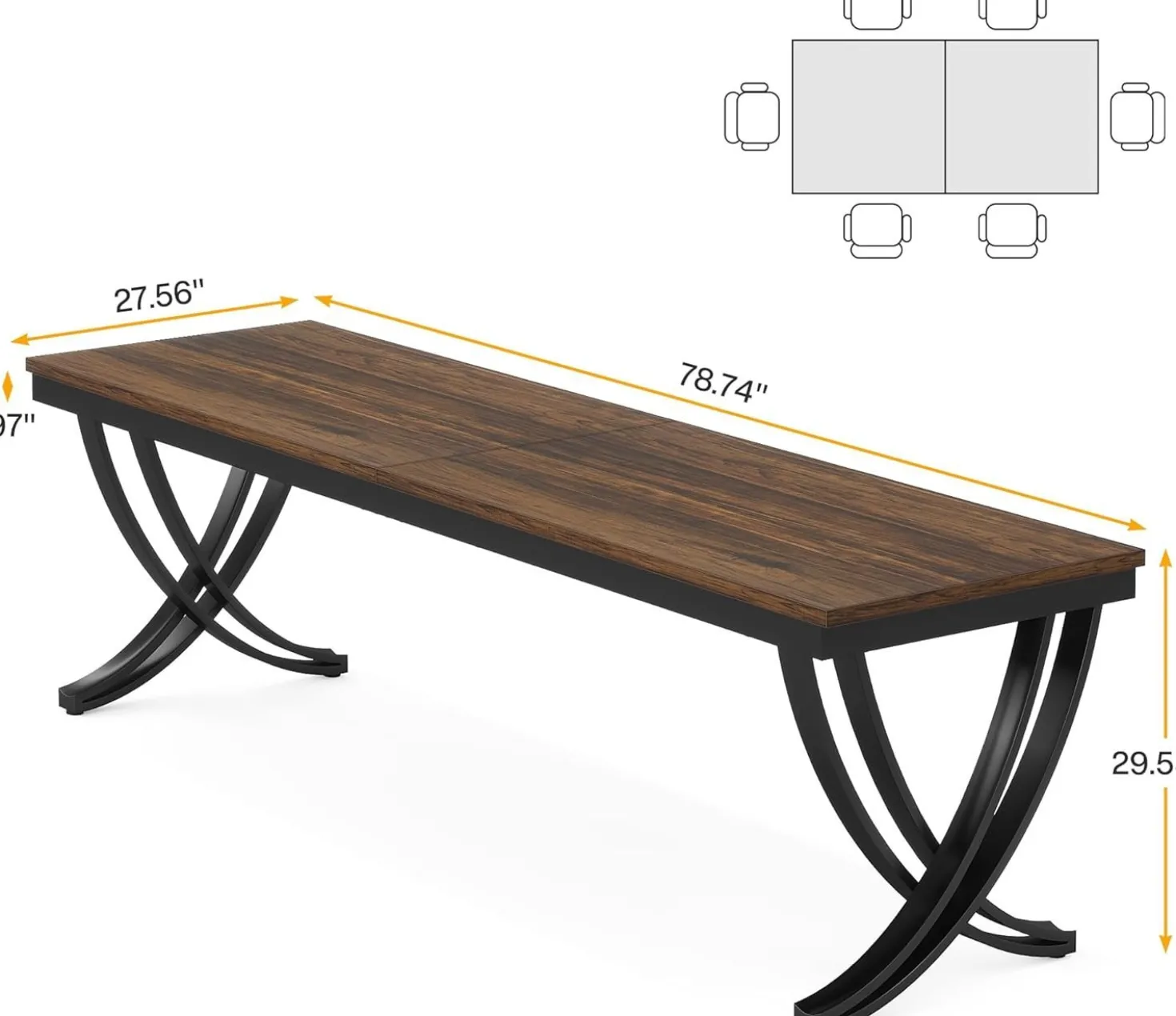 Rectangular Dining Table for 6-8, 78" Farmhouse Dinner Table with Metal Legs