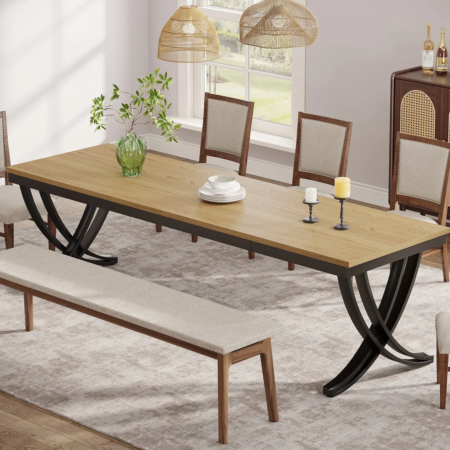 Rectangular Dining Table for 6-8, 78" Farmhouse Dinner Table with Metal Legs