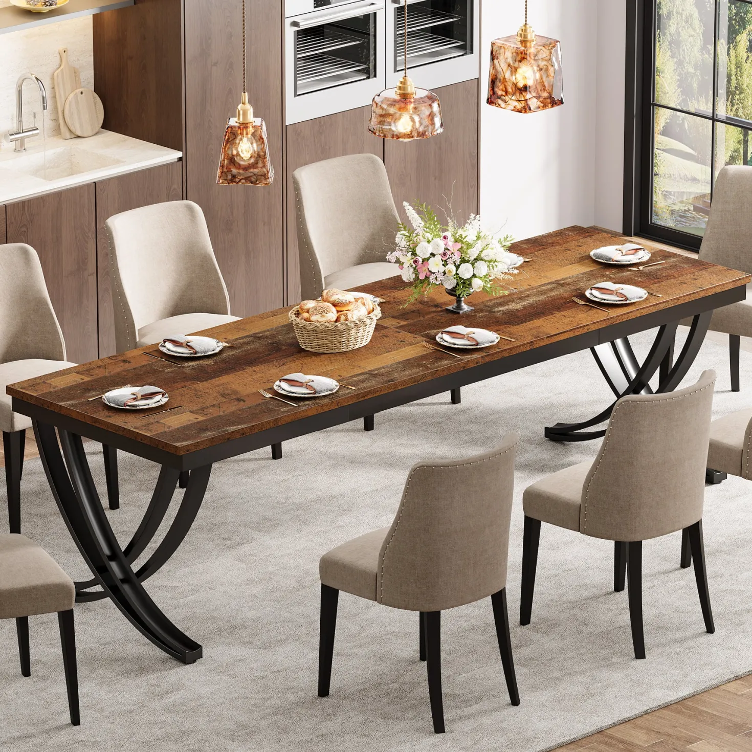 Rectangular Dining Table for 6-8, 78" Farmhouse Dinner Table with Metal Legs