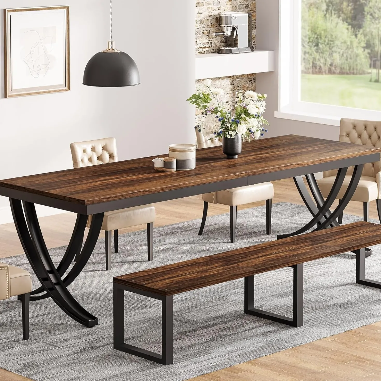 Rectangular Dining Table for 6-8, 78" Farmhouse Dinner Table with Metal Legs