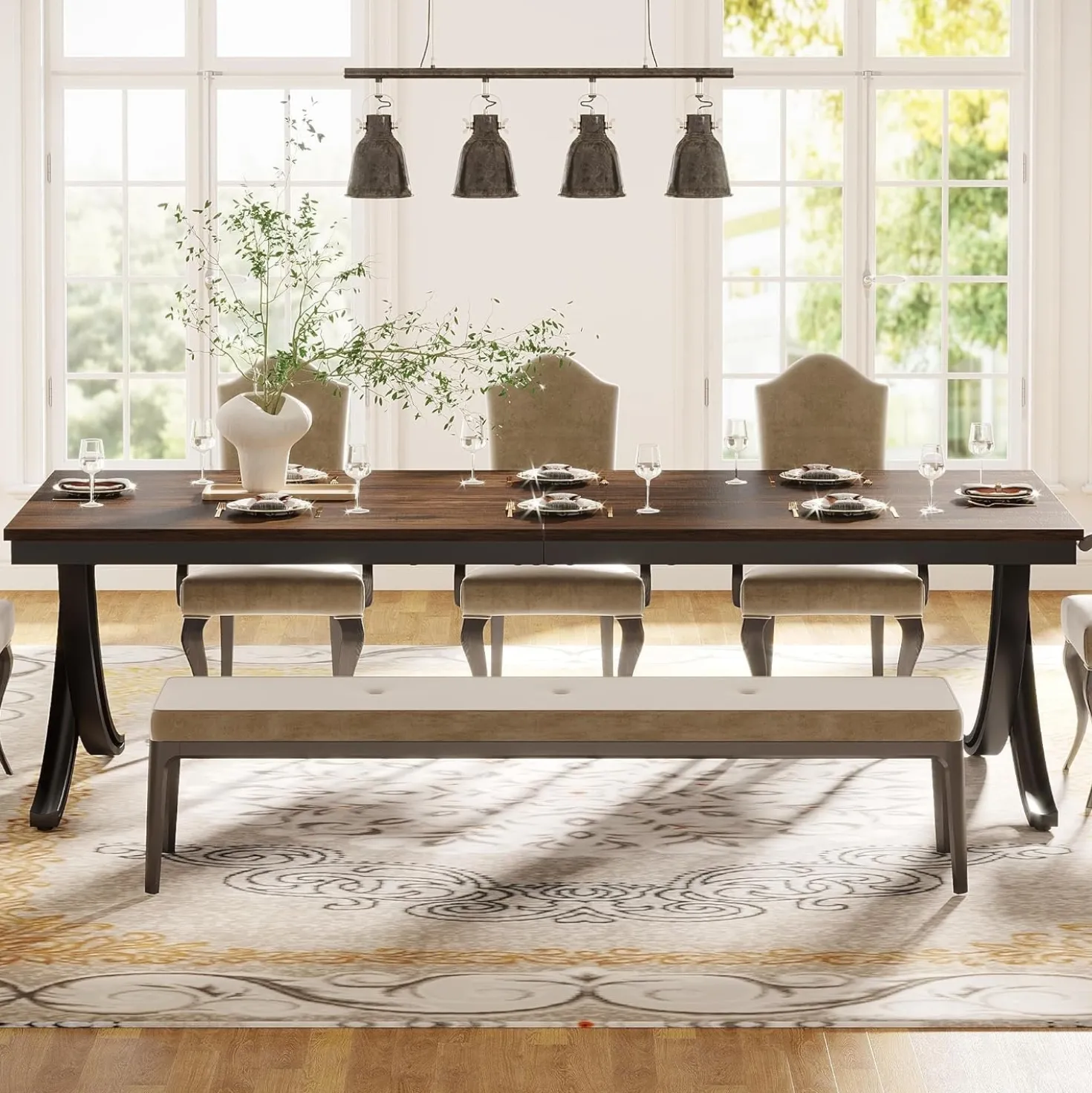 Rectangular Dining Table for 6-8, 78" Farmhouse Dinner Table with Metal Legs