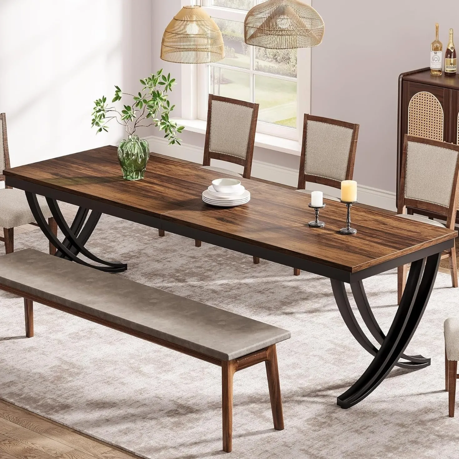 Rectangular Dining Table for 6-8, 78" Farmhouse Dinner Table with Metal Legs