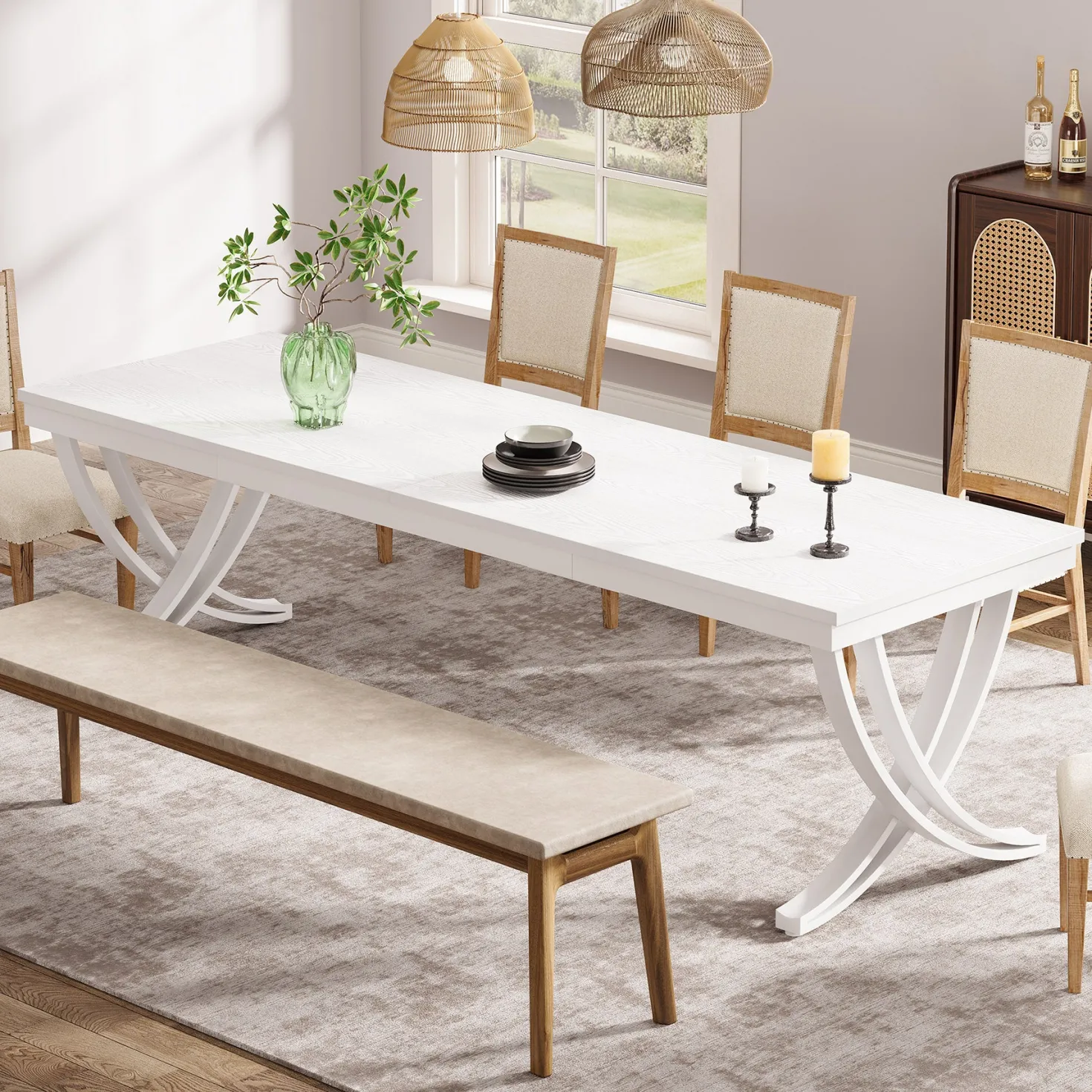 Rectangular Dining Table for 6-8, 78" Farmhouse Dinner Table with Metal Legs