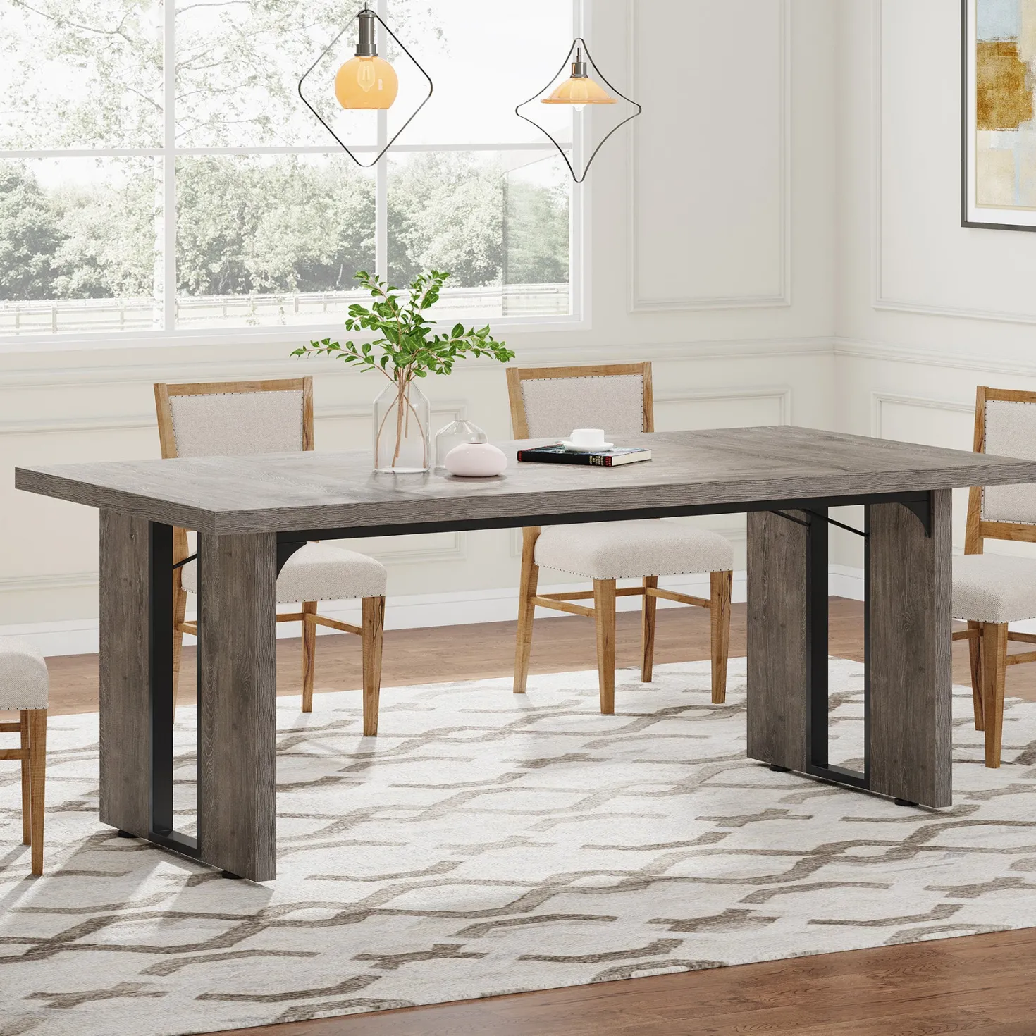 Rectangular Dining Table, 71" Farmhouse Breakfast Table for 6 to 8 People