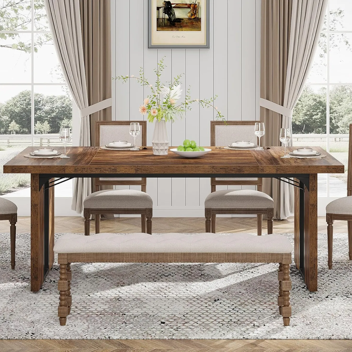 Rectangular Dining Table, 71" Farmhouse Breakfast Table for 6 to 8 People