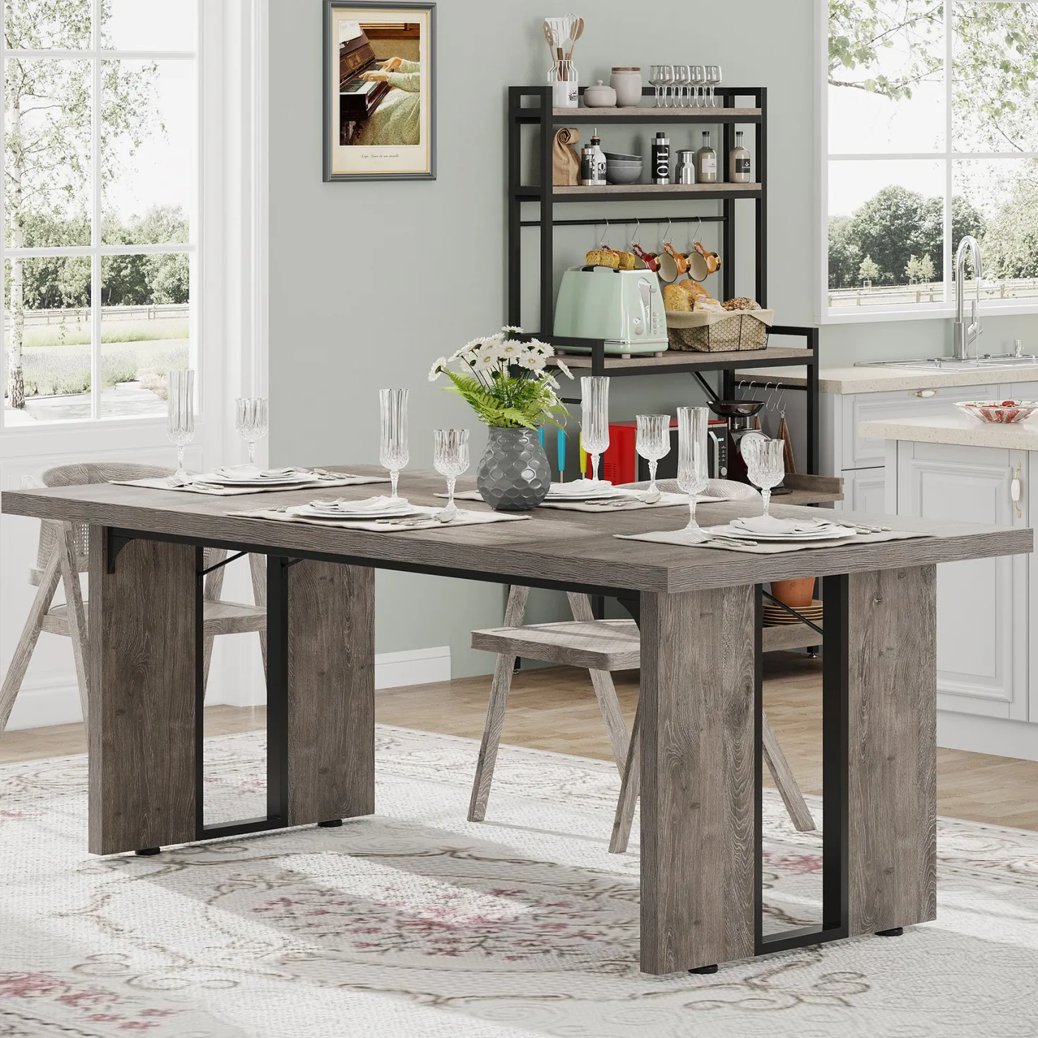 Rectangular Dining Table, 71" Farmhouse Breakfast Table for 6 to 8 People