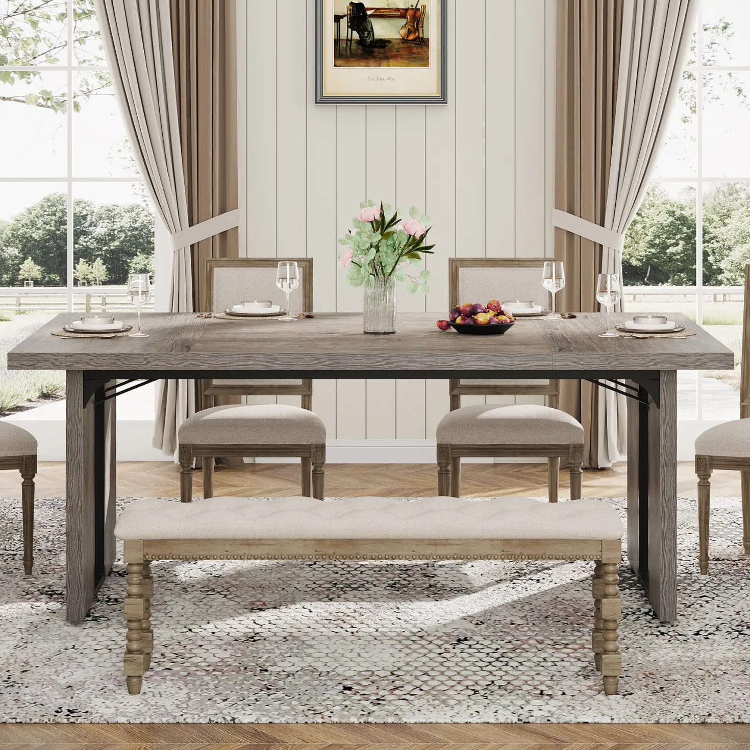 Rectangular Dining Table, 71" Farmhouse Breakfast Table for 6 to 8 People