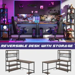 Reversible L-Shaped Desk, 55" Computer Desk with Wireless Charging & Shelves
