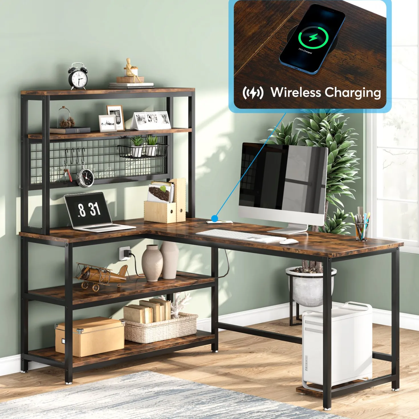 Reversible L-Shaped Desk, 55" Computer Desk with Wireless Charging & Shelves