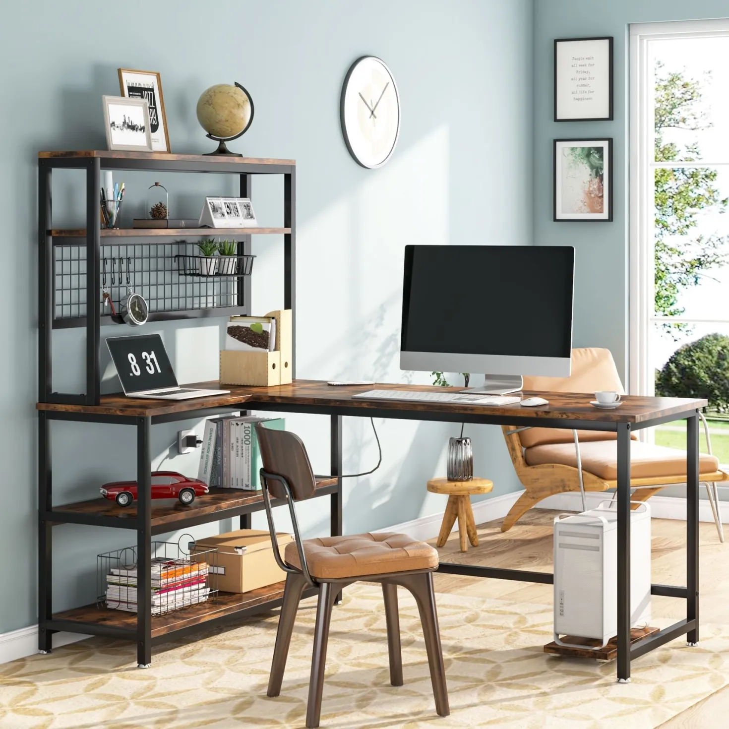 Reversible L-Shaped Desk, 55" Computer Desk with Wireless Charging & Shelves