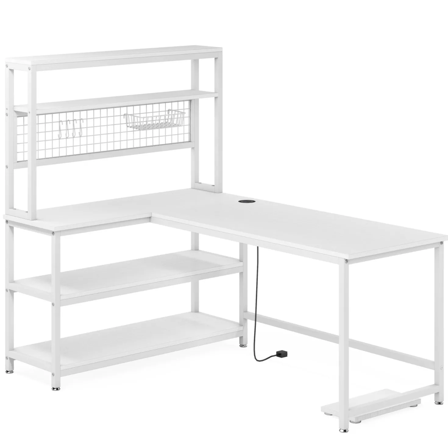 Reversible L-Shaped Desk, 55" Computer Desk with Wireless Charging & Shelves