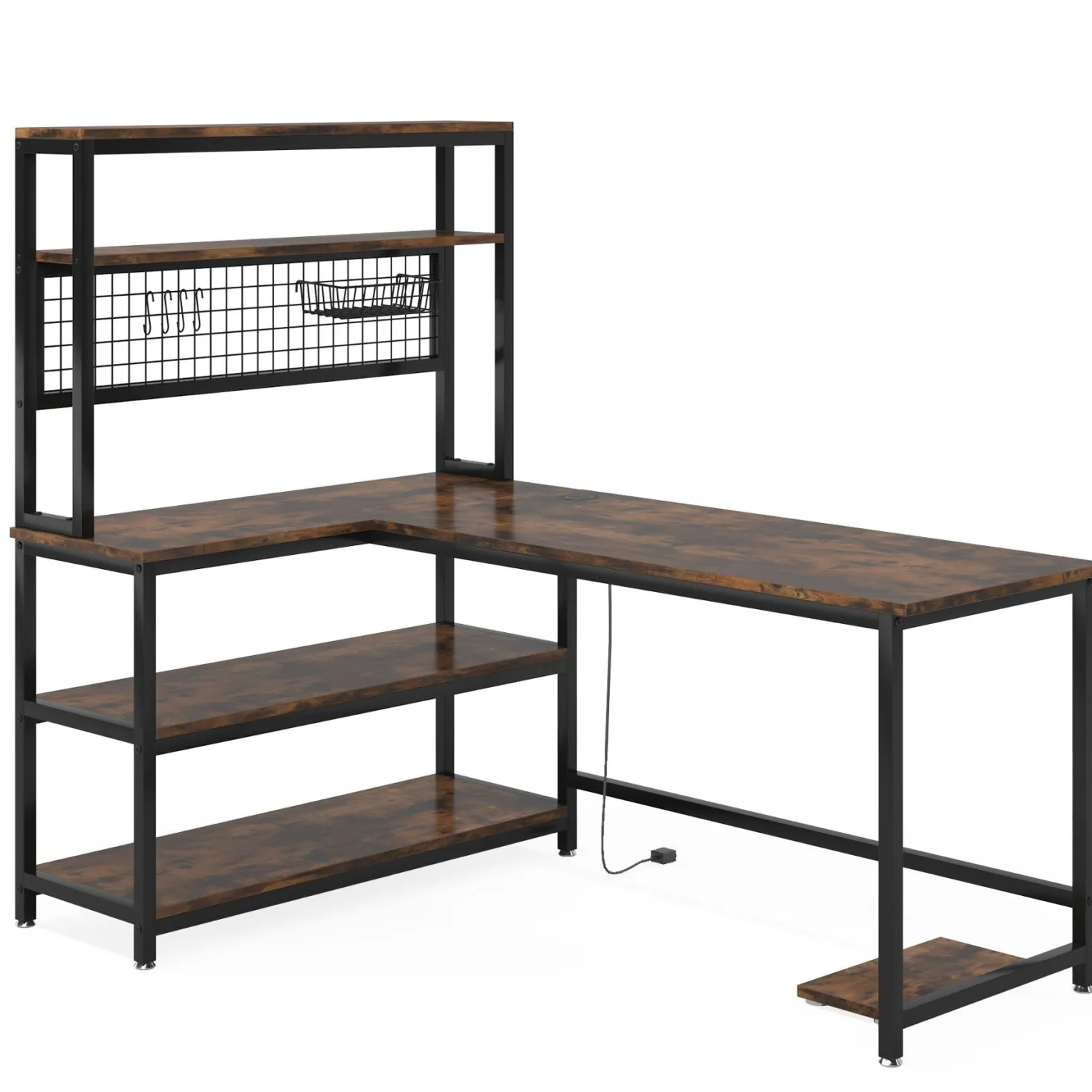 Reversible L-Shaped Desk, 55" Computer Desk with Wireless Charging & Shelves